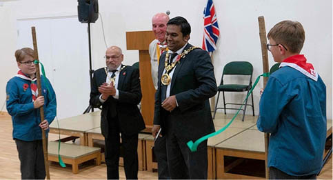  L-R: Dylan Atkinson, The Mayor's Consort Councillor Sultan Ali, Richard Baron Scout Group Chairman, The Mayor Councillor Ali Ahmed and Noah Chadwick.